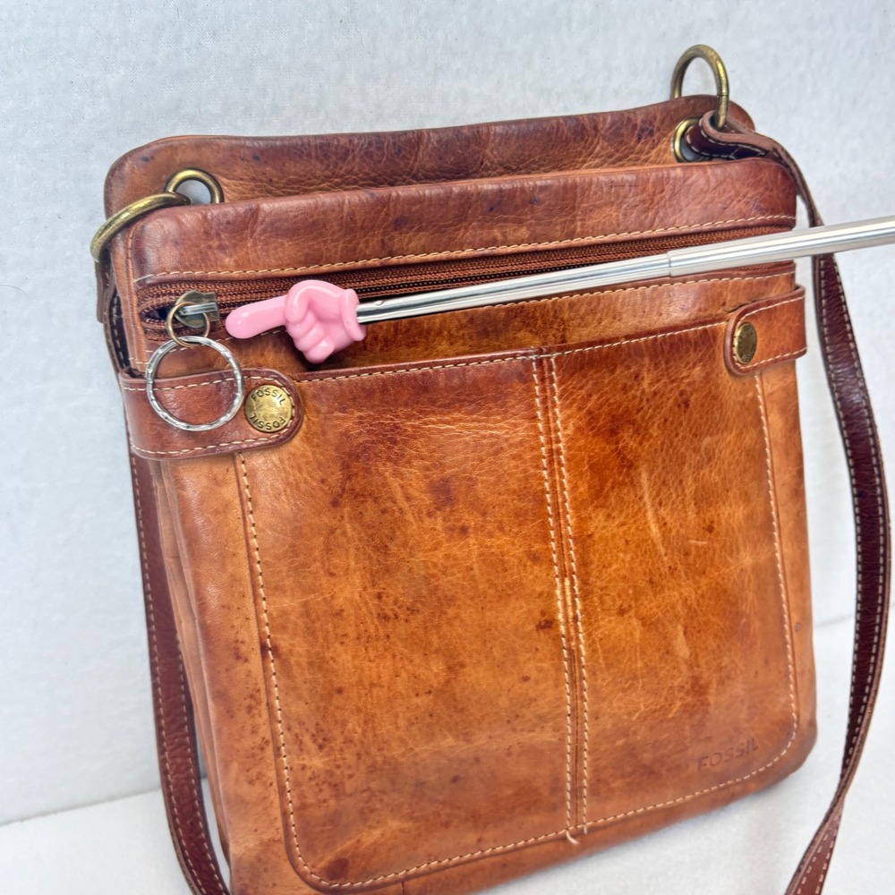VTG Fossil Crossbody Bag Brown Leather Card Pocket Organizer Small Boho Hippie - Picture 12 of 12